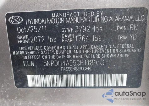 2012 Hyundai Elantra Gls из США, поврежденный, VIN 5NPDH4AE5CH118953